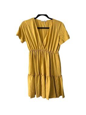 Pull&Bear Solid Yellow V-Neck Short Sleeve Tiered Dress L